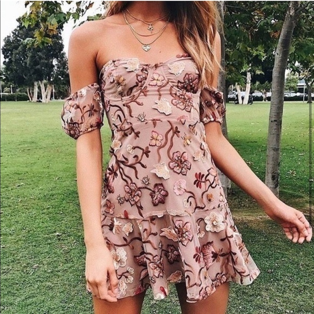 For Love and Lemons Detailed Botanic Off-the-Shoulder Dress
